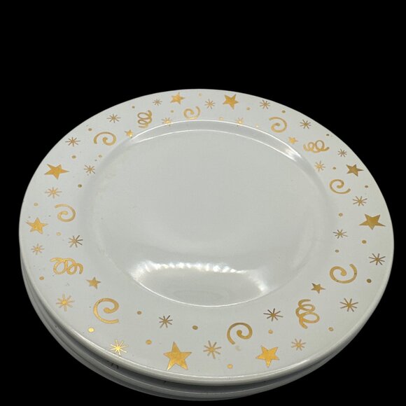 Set of 3 Pampered Chef Celebration white  gold stars swirls 8” dessert plates - Picture 2 of 5